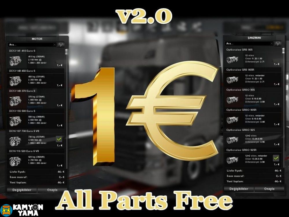 ETS2 – Bütün Modifiye Parçaları Ücretsiz