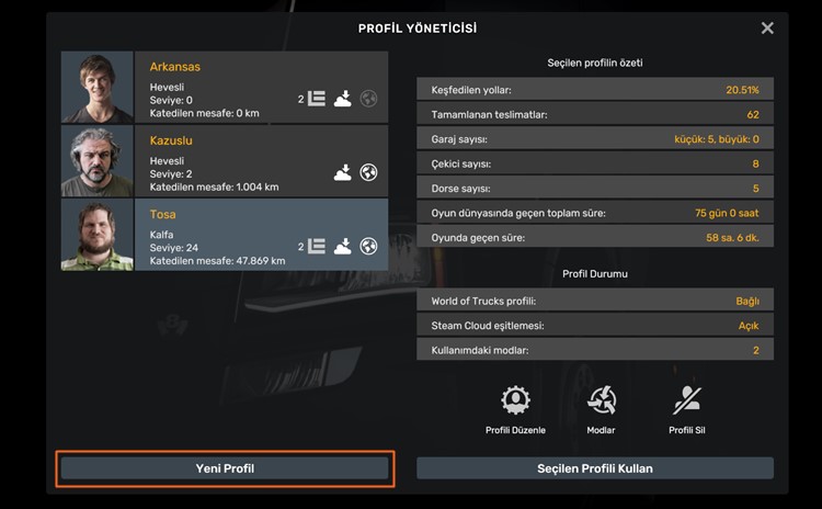 ETS2 Harita Yükleme - Profil Yöneticisi Ekranı